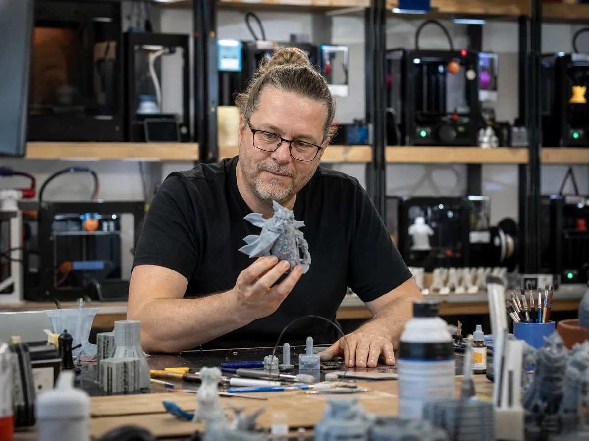 Selbstständiger im 3D-Druck begutachtet eine frisch gedruckte Figur, hinter ihm laufen Drucker