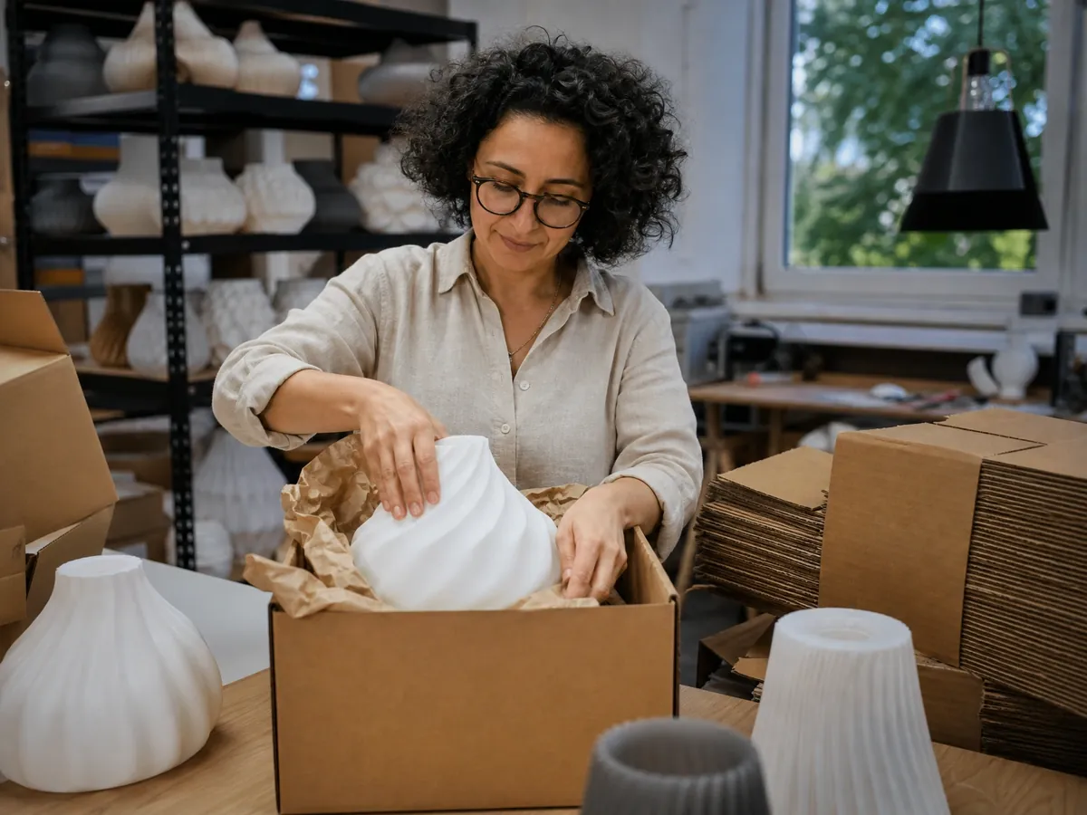 Gründerin verpackt 3D-gedruckte Lampenschirme für den Versand aus ihrem Onlineshop
