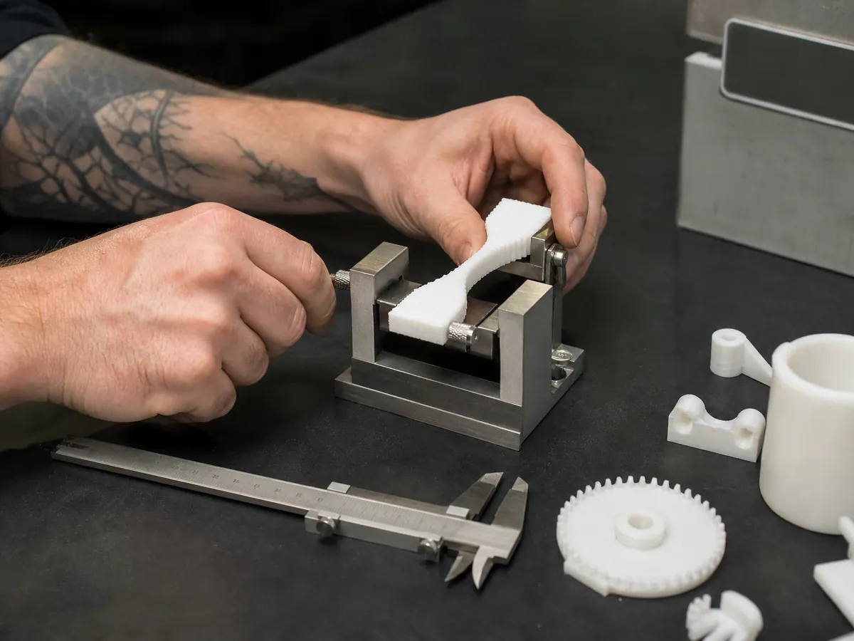 Hände prüfen ein 3D-gedrucktes Teil im Belastungstest, um die Produktsicherheit zu bewerten