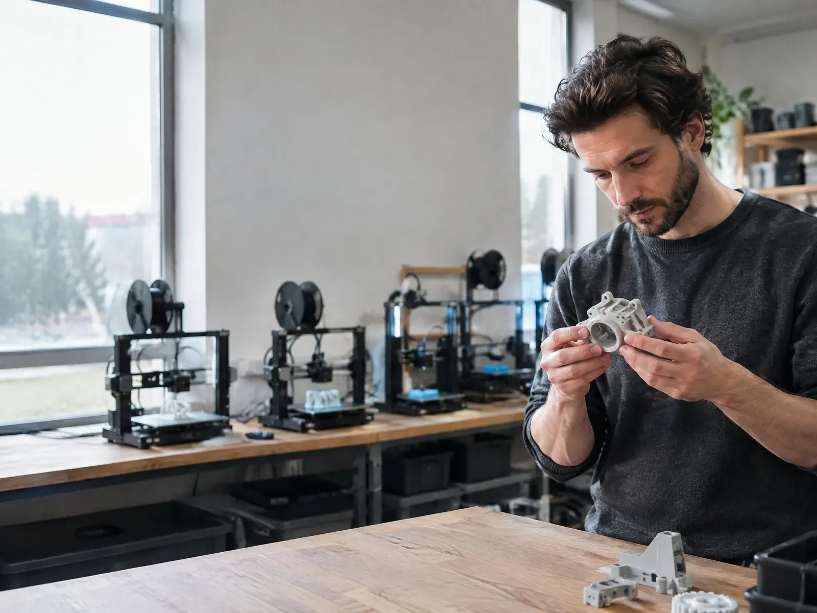 Mann prüft in einer Werkstatt mit mehreren 3D-Druckern ein frisch gedrucktes Kunststoffteil