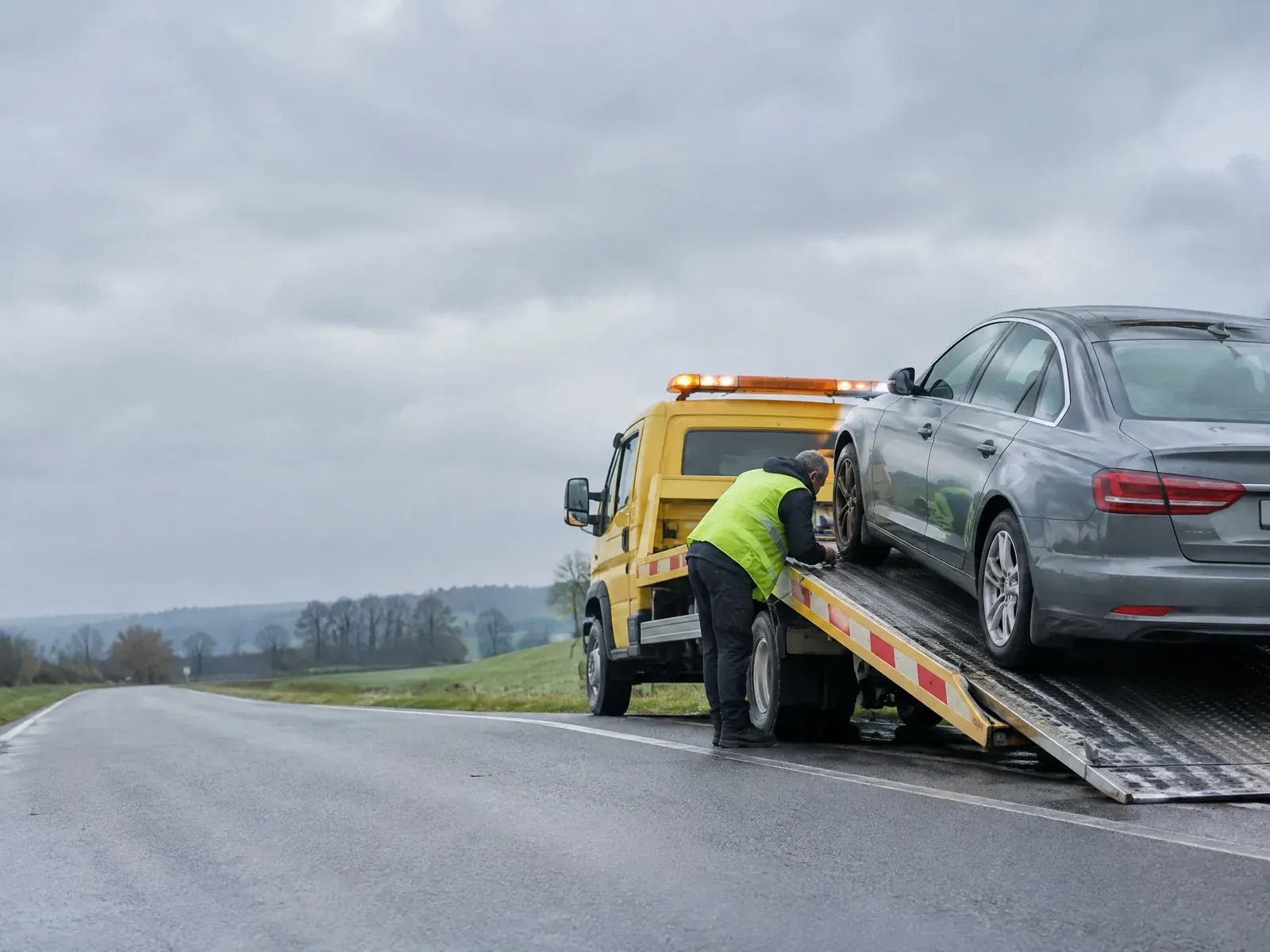 Fahrer in Warnweste zieht ein Auto auf die Ladefläche eines Abschleppwagens am Straßenrand