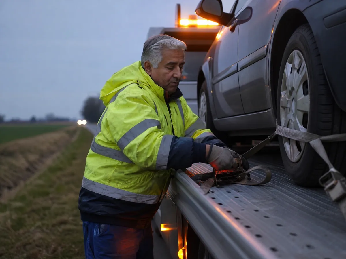 Abschleppunternehmer sichert einen Kleinwagen auf dem Plateau, eine typische Fahrt ohne GüKG-Erlaubnis