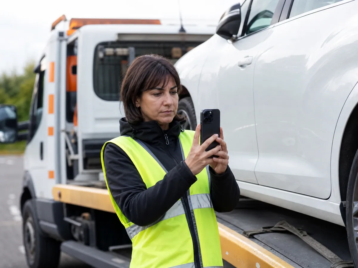 Abschleppunternehmerin dokumentiert einen Vorschaden am aufgeladenen Auto für die Versicherung