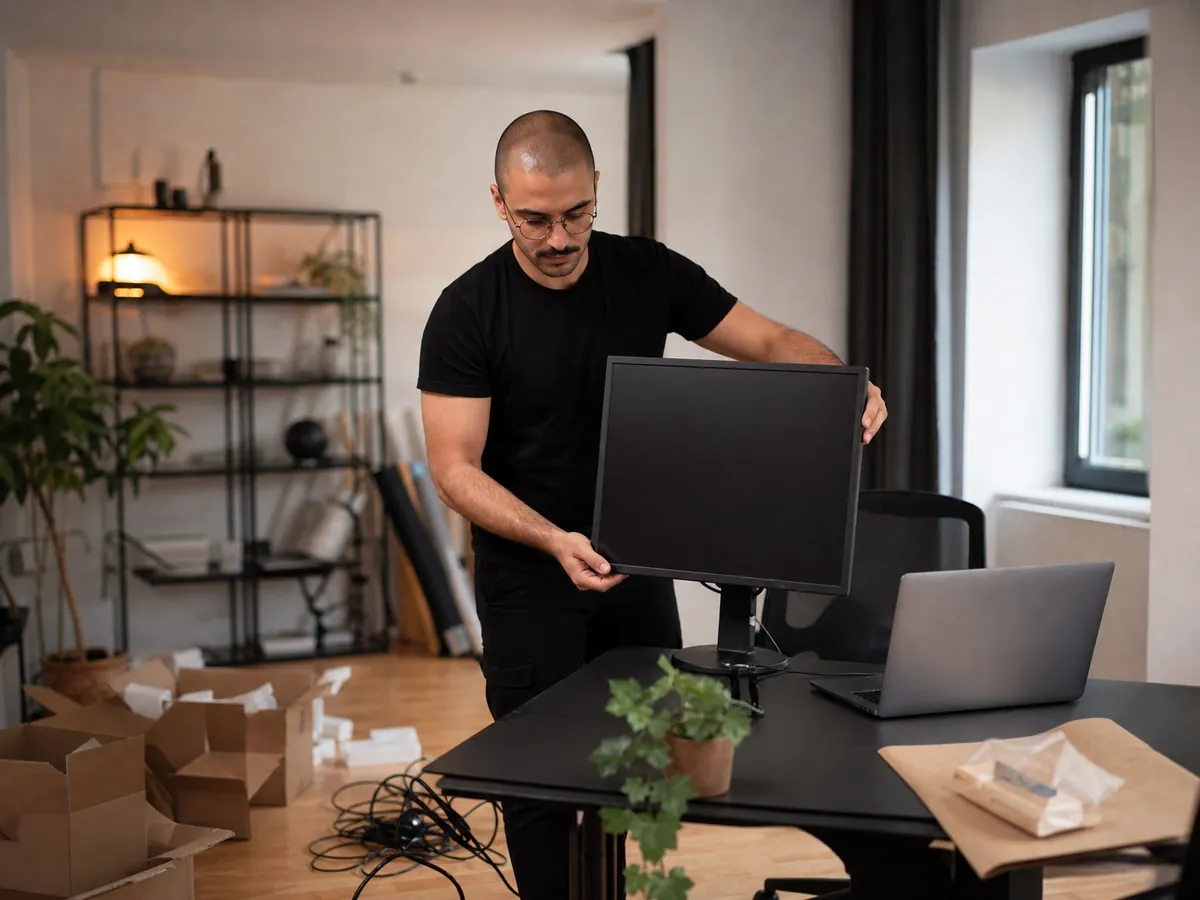 Grafikdesigner richtet neue Computertechnik ein, die er im ersten Jahr voll abschreiben kann