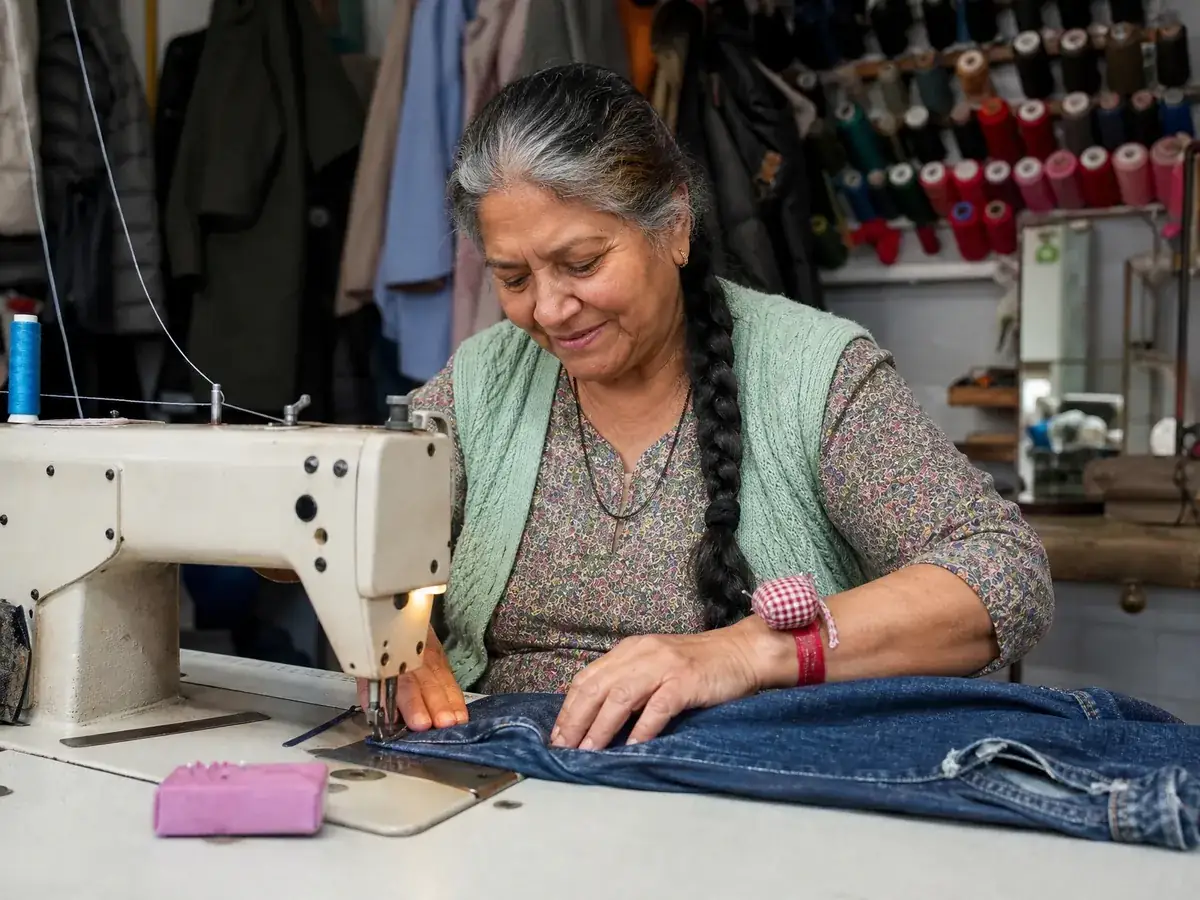 Ältere Schneiderin kürzt in ihrer Änderungsschneiderei eine Jeans an der Industrienähmaschine