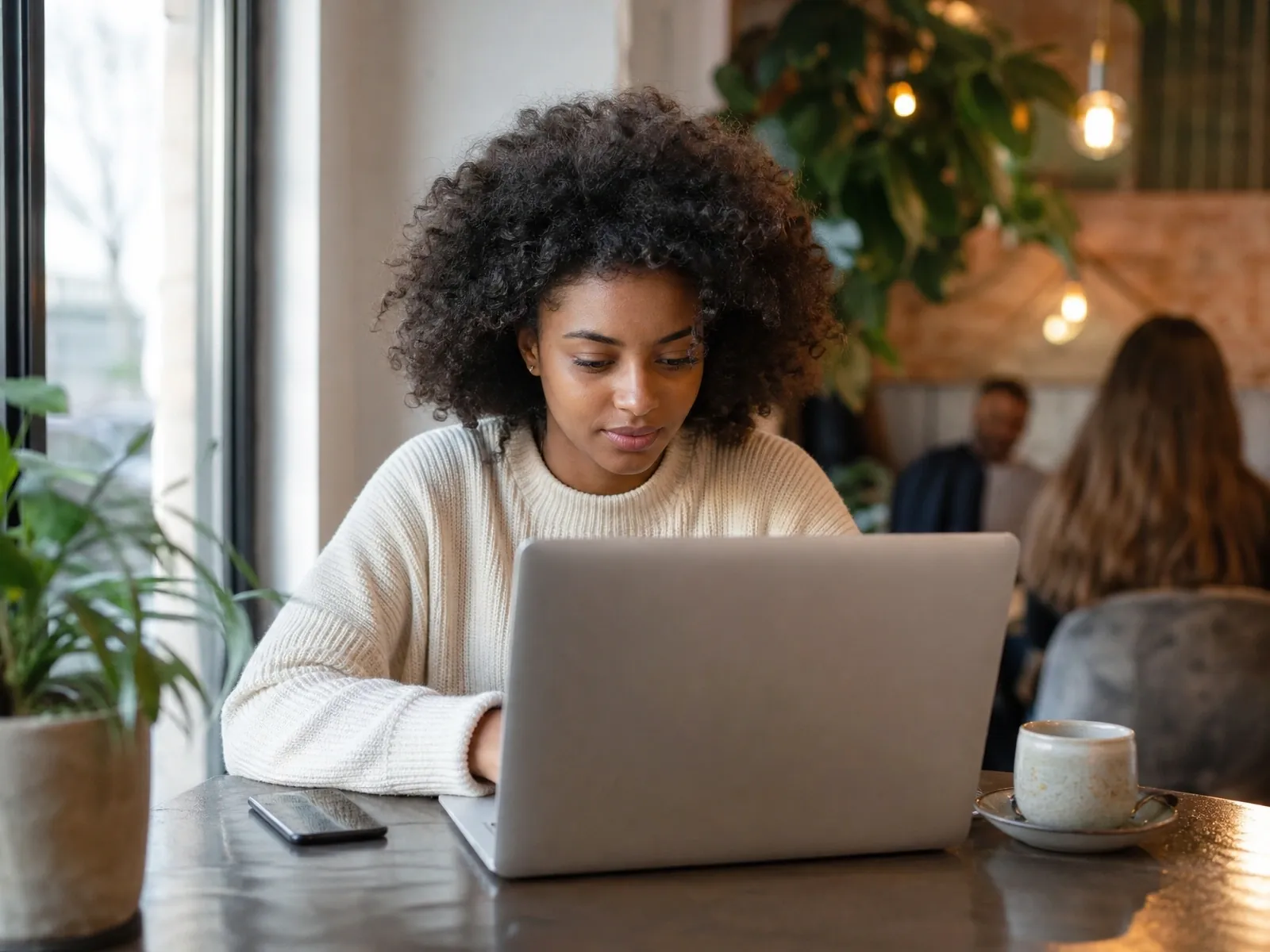 Affiliate-Marketing als Gewerbe: Junge Bloggerin arbeitet in einem hellen Café am Laptop
