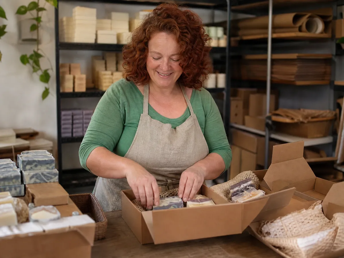 Inhaberin eines Onlineshops für Seifen packt Bestellungen, für die ihre AGB im Shop gelten