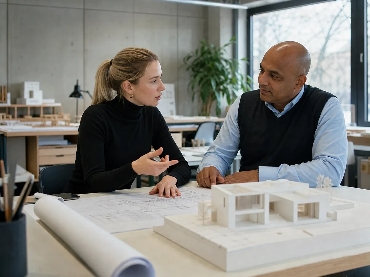 Architektin verhandelt mit einem Bauherrn am Hausmodell ihr Honorar, das sich an der HOAI orientiert