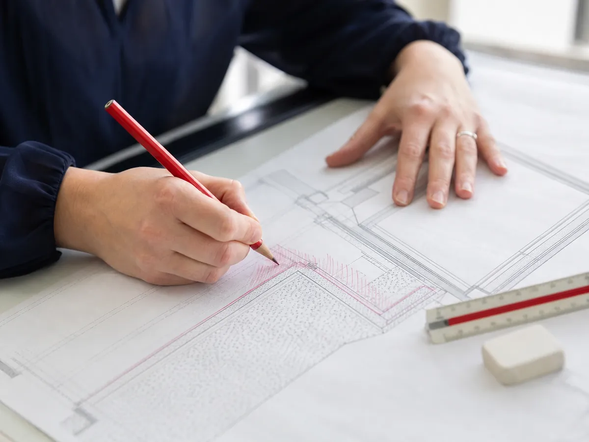 Hände korrigieren einen Detailplan, denn Planungsfehler deckt die Berufshaftpflicht als Architekt ab