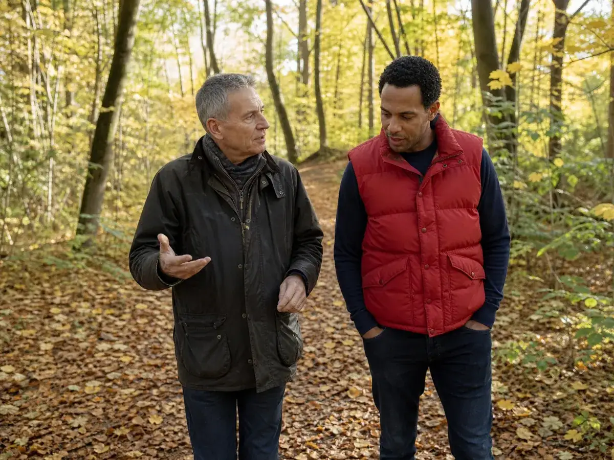 Coach begleitet einen Klienten beim Spaziergang durch den Wald bei beruflichen Fragen