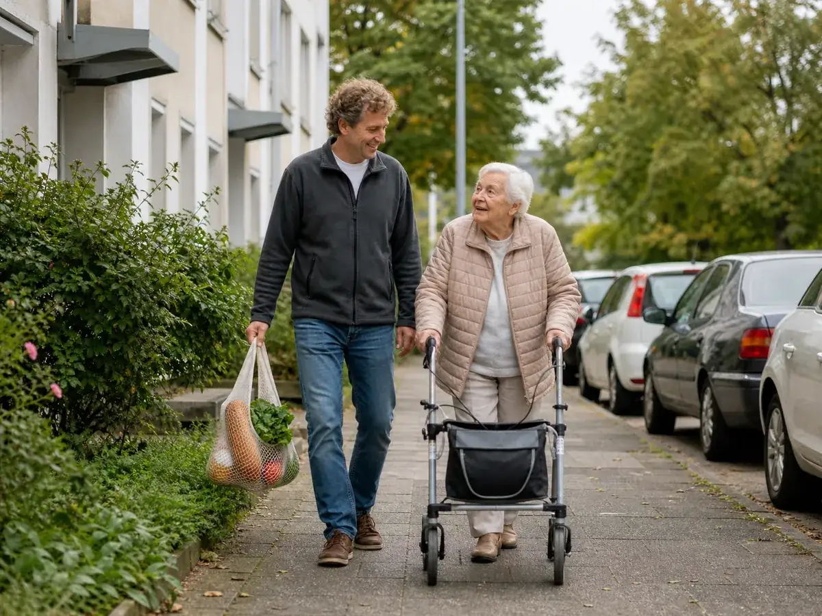 Haushaltshilfe begleitet eine ältere Dame beim Einkauf, abrechenbar über den Entlastungsbetrag