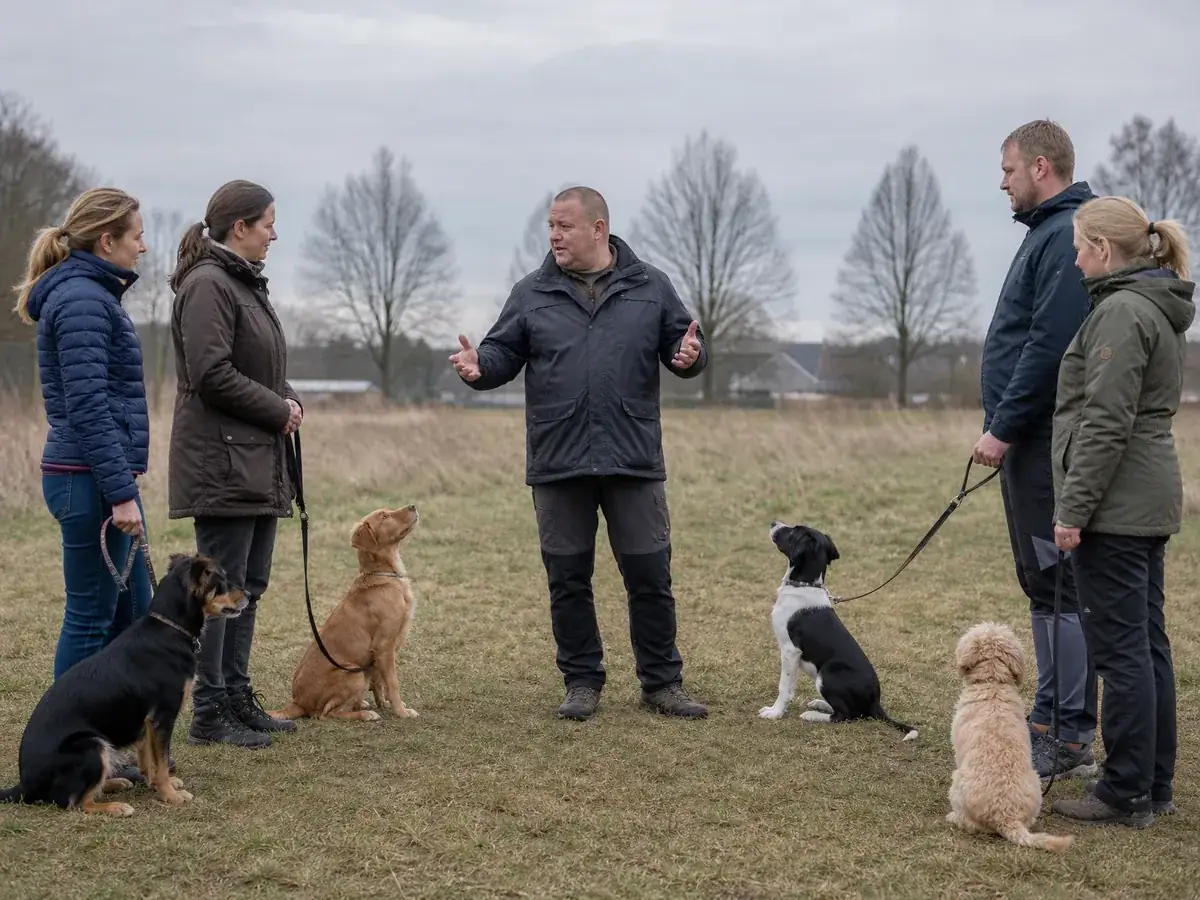 Hundetrainer leitet einen Welpenkurs als Gruppenangebot seiner Hundeschule