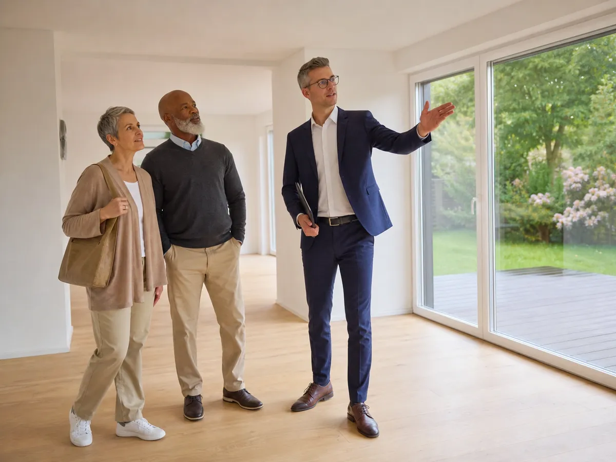 Immobilienmakler führt Kaufinteressenten durch ein Einfamilienhaus, die Provision teilen sich beide Seiten