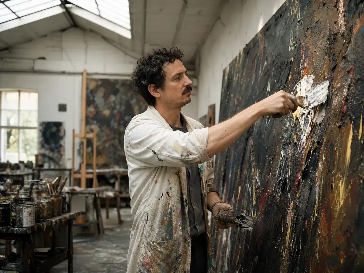 Künstler arbeitet in seinem Atelier an einem Ölbild, typische freiberufliche Tätigkeit