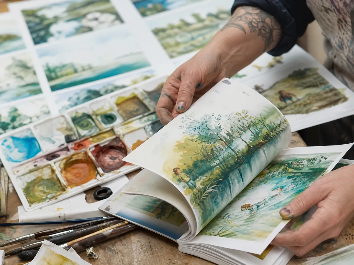 Illustratorin blättert in ihrem gedruckten Buch, dessen Nachdruck über eine Verwertungsgesellschaft vergütet wird