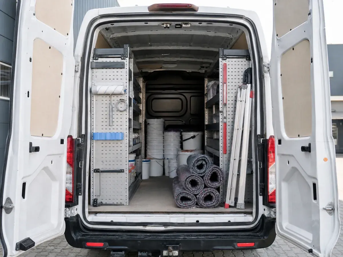 Laderaum eines gebrauchten Transporters mit Malerbedarf, größter Kostenposten bei der Gründung