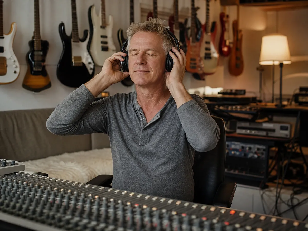 Musiker hört in seinem Homestudio eine Aufnahme ab, Grundlage für die Aufnahme in die Künstlersozialkasse