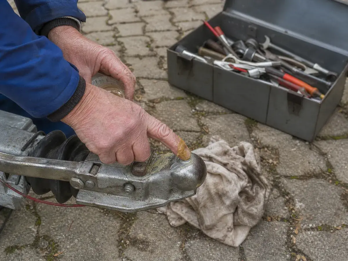 Hand wartet die Kupplung eines Mietanhängers, der jedes Jahr zur Hauptuntersuchung muss