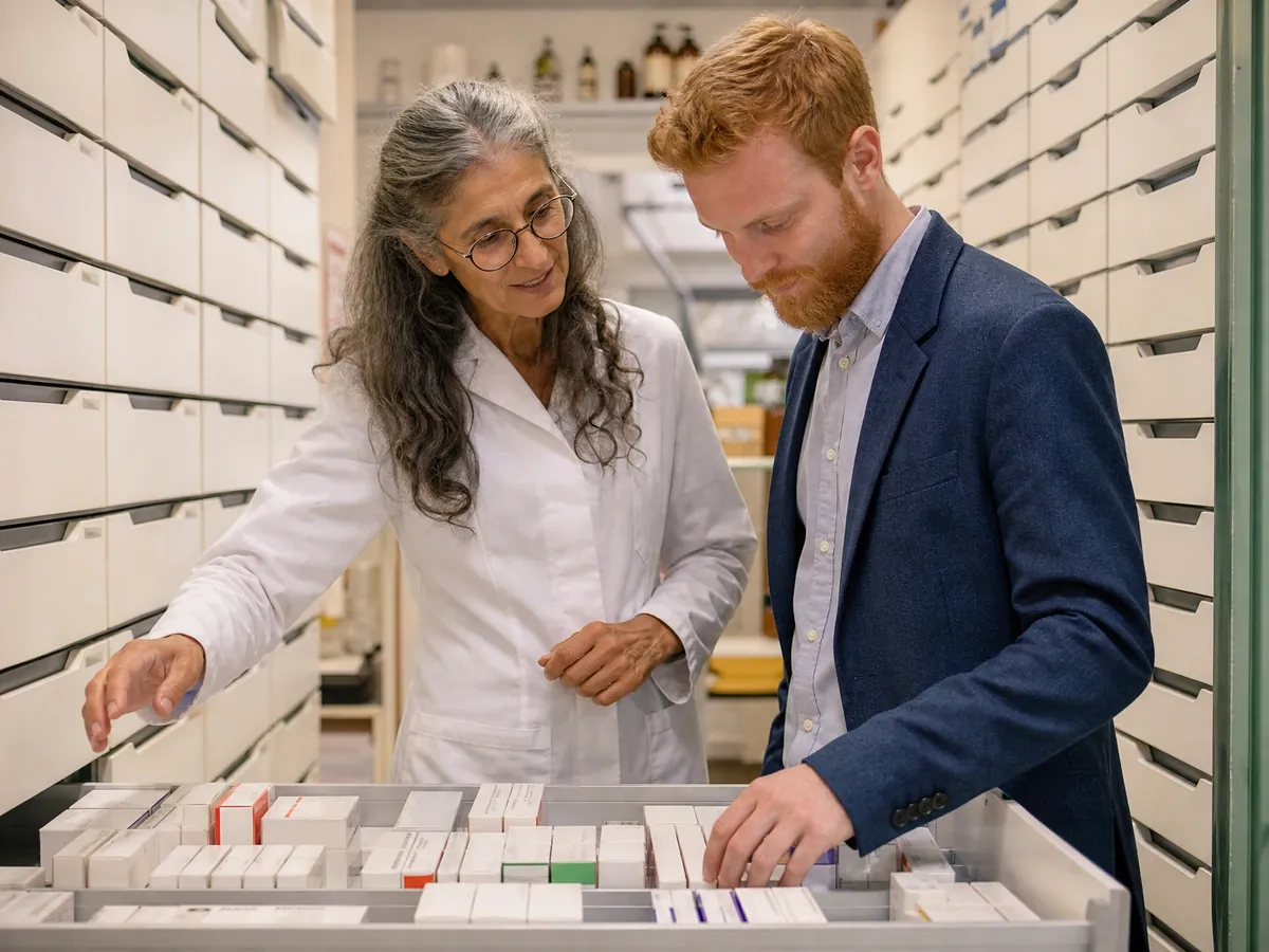 Apothekerin zeigt einem Interessenten das Warenlager, das bei der Übernahme mitbezahlt wird