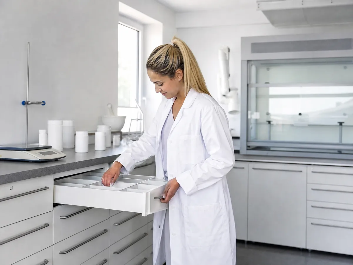 Apothekerin prüft ihren neuen Rezepturraum, denn die Betriebserlaubnis gilt für bestimmte Räume