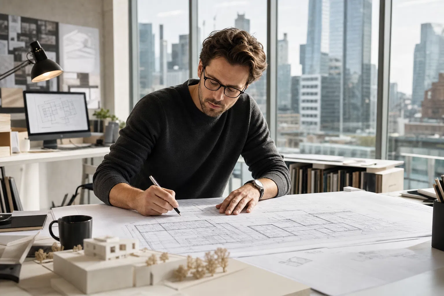 Mann mit Brille zeichnet an einem Schreibtisch auf großen Plänen, daneben Architekturmodelle, im Hintergrund Hochhäuser
