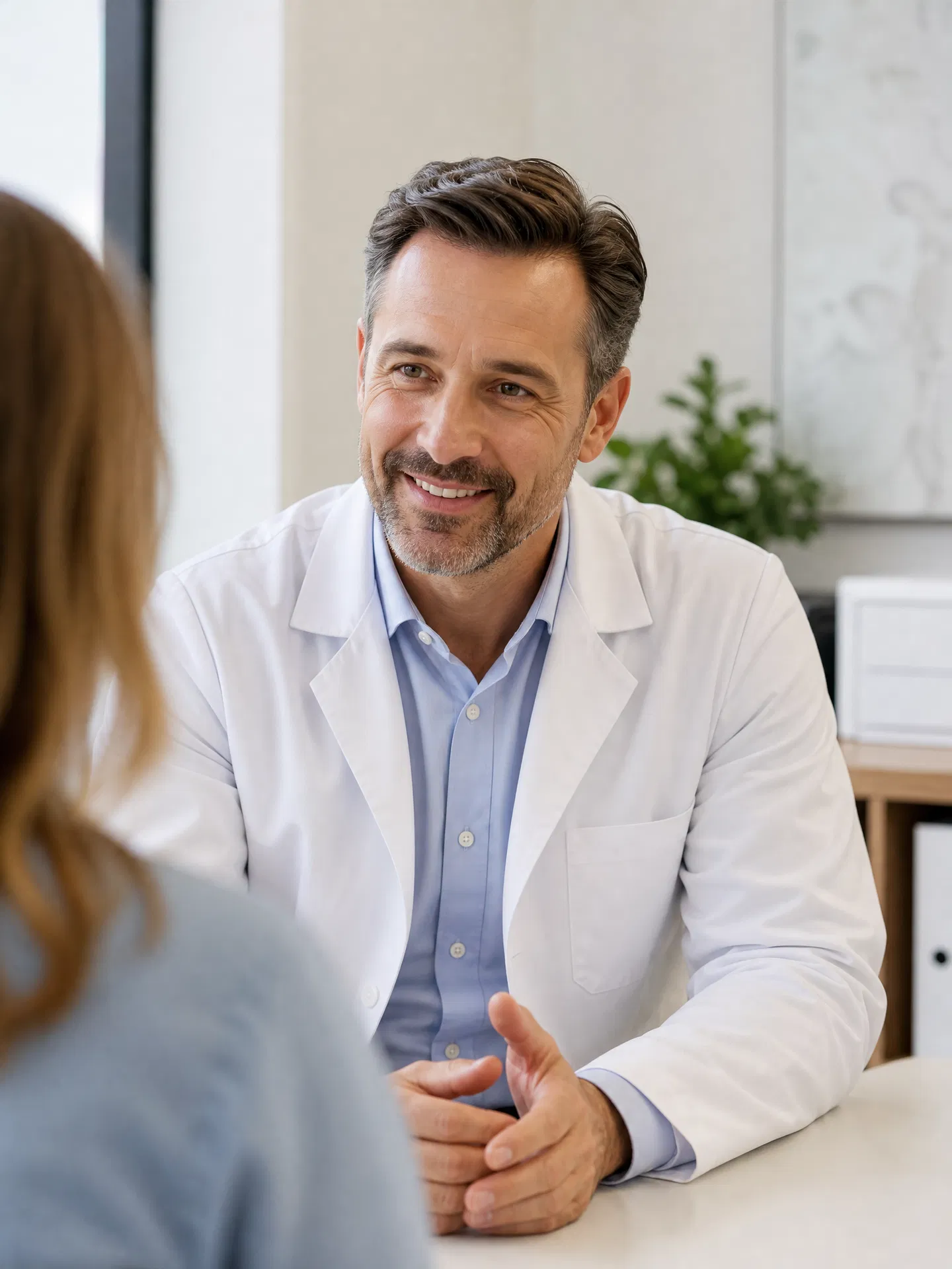 Arzt im weißen Kittel sitzt am Tisch und spricht mit einer Patientin, die mit dem Rücken zur Kamera sitzt