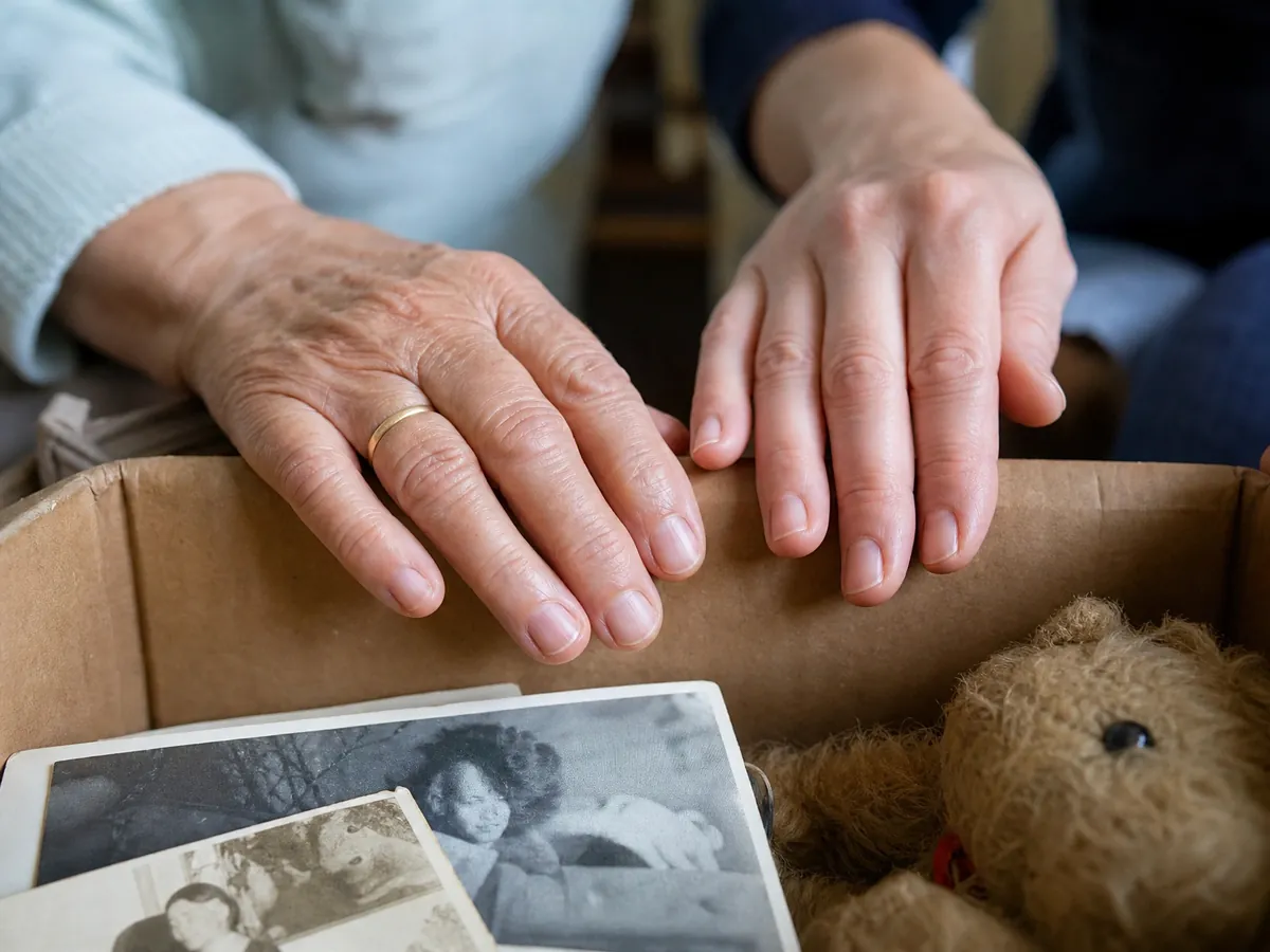 Zwei Hände an einem Karton mit Erinnerungen, Aufräumcoaching begleitet behutsam statt zu behandeln