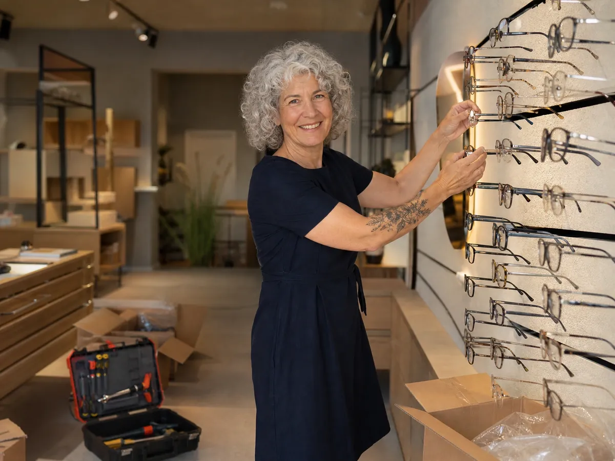 Augenoptikerin richtet ihren neuen Laden ein, Ladenbau und Ware sind die größten Kosten der Gründung