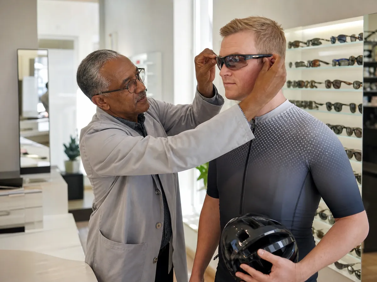 Augenoptiker passt eine Sportbrille an, Spezialisierung hilft gegen große Filialisten