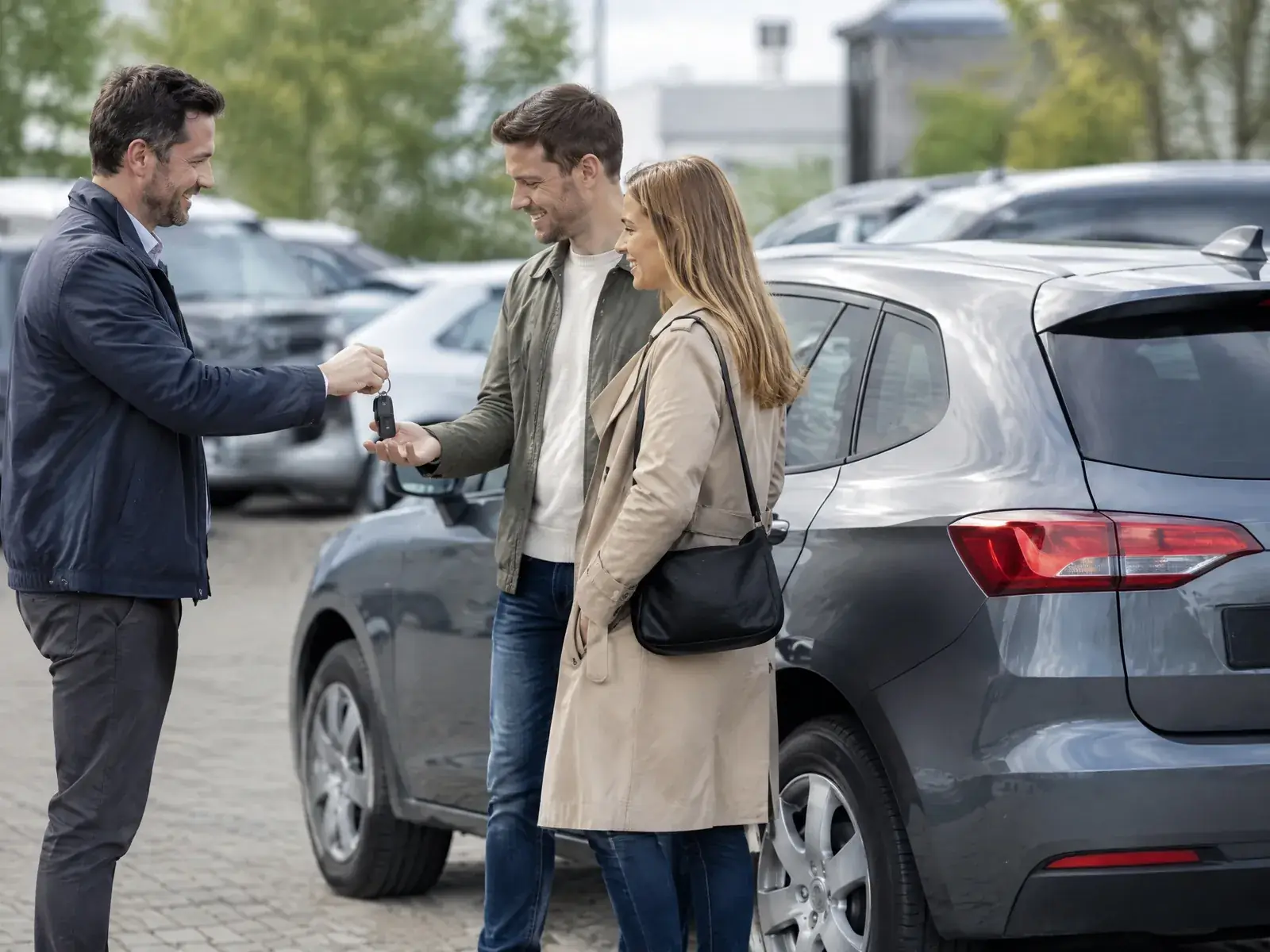 Autohandel gründen: Händler übergibt einem Paar auf dem Hof den Autoschlüssel