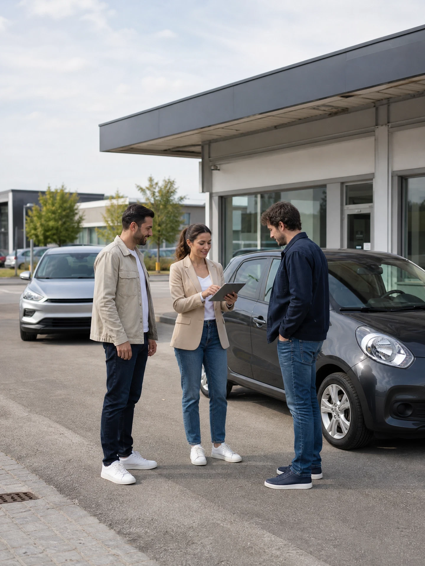 Drei Personen stehen vor einem Gebäude neben geparkten Autos und unterhalten sich