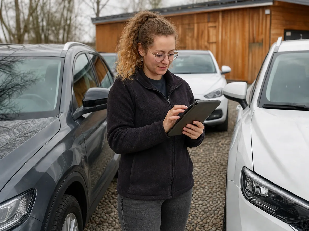 Vermieterin plant auf dem Hof die Wartung ihrer Mietwagenflotte, damit jedes Auto wirtschaftlich bleibt