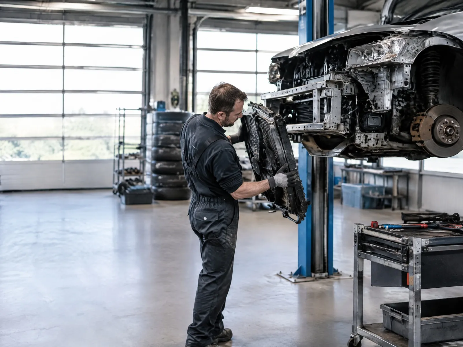 Mitarbeiter demontiert in einem Autoverwertungsbetrieb Teile an einem Altfahrzeug auf der Hebebühne