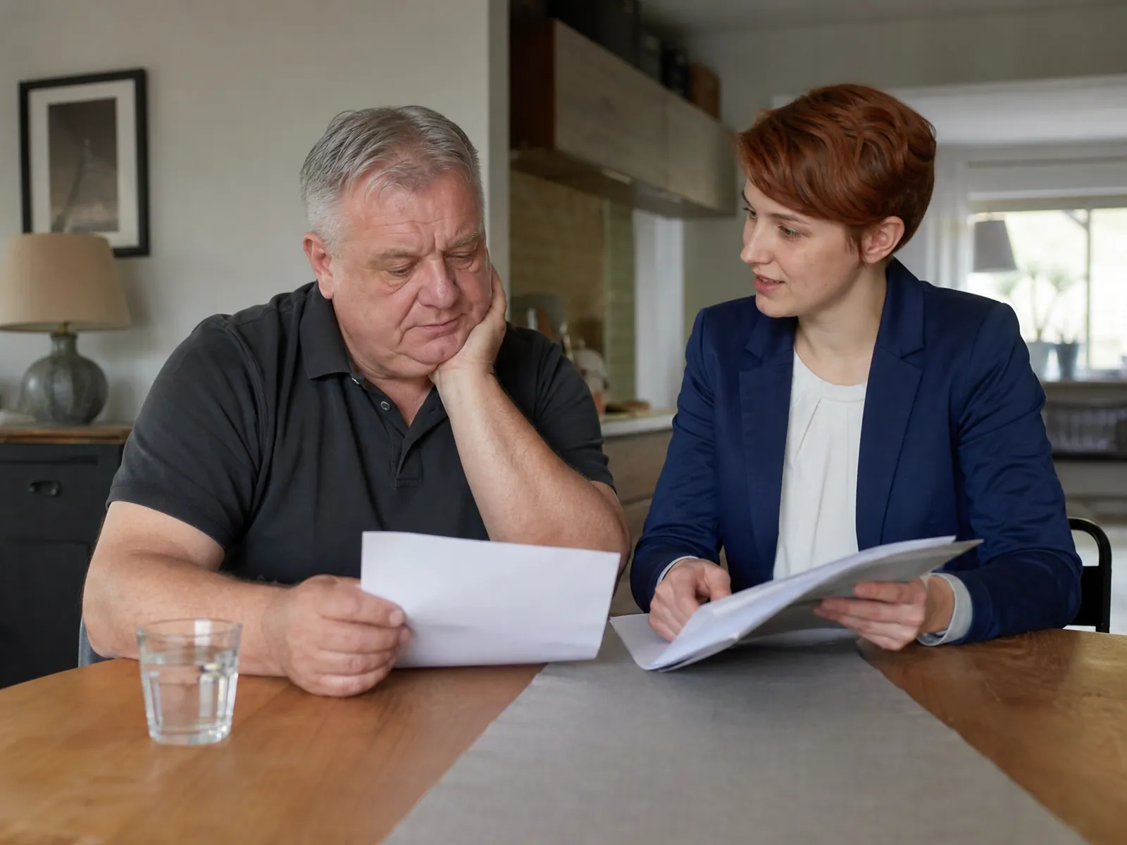 AVGS abgelehnt: Enttäuschter Mann mit Bescheid, eine Beraterin zeigt ihm den nächsten Schritt