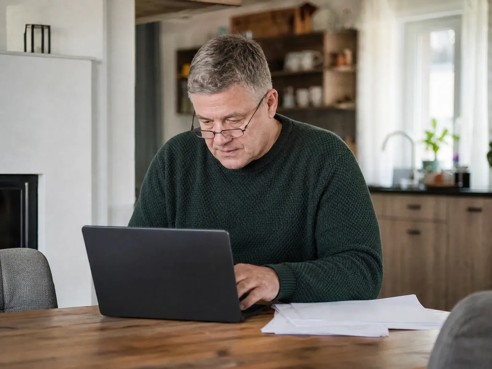 AVGS-Anschreiben verfassen: Mann mit Lesebrille schreibt am Küchentisch seinen Antrag am Laptop