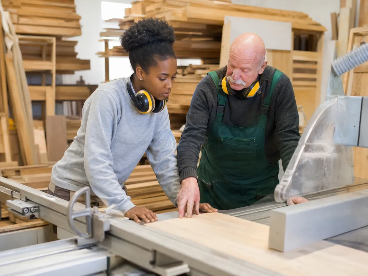 Frau lernt in einer Tischlerei eine Maschine kennen, eine Form der AVGS-Maßnahme bei einem Arbeitgeber
