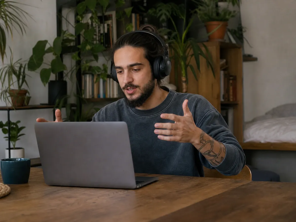 Junger Mann nimmt in seinem WG-Zimmer per Videogespräch an einem AVGS Coaching online teil