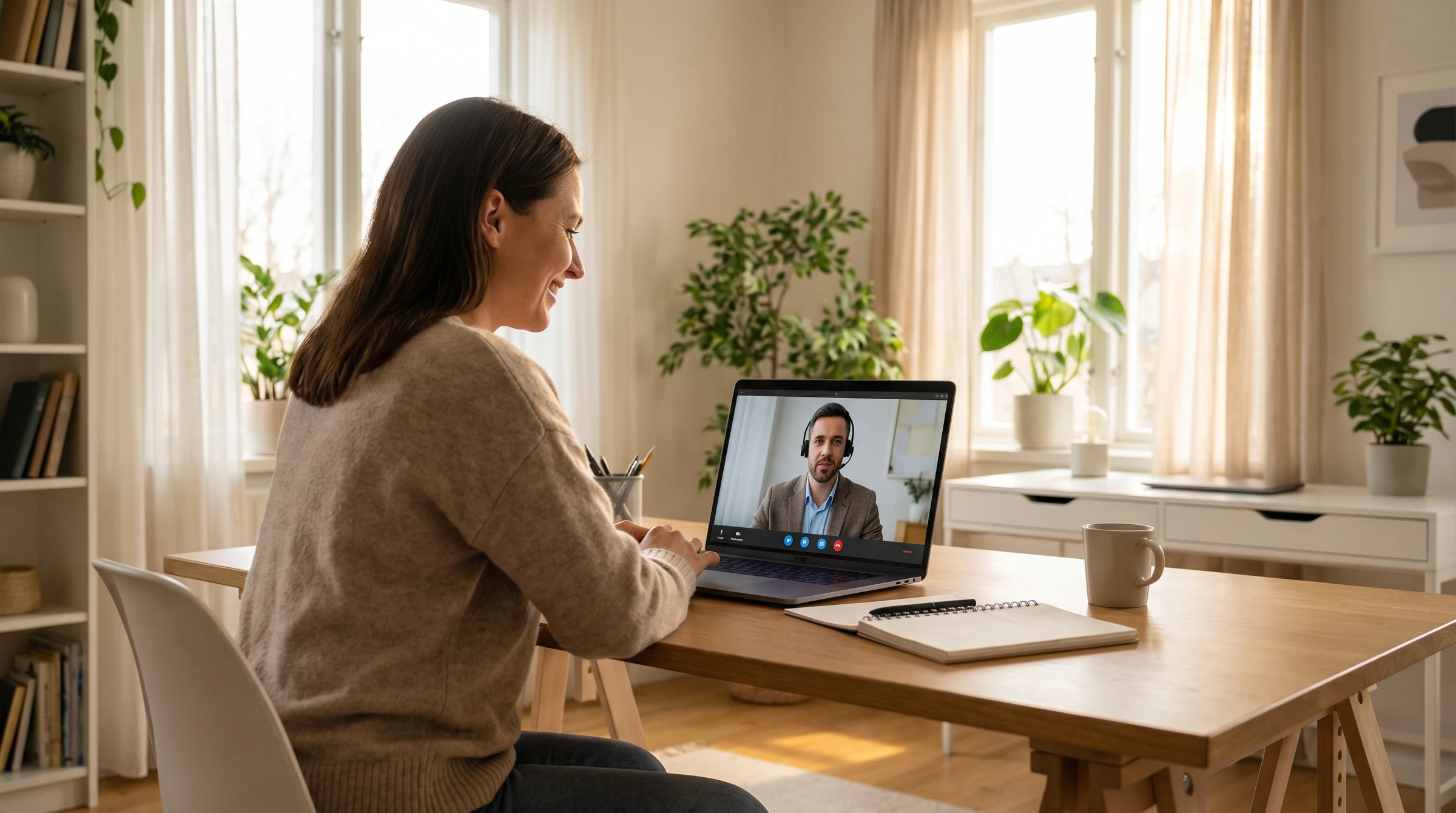Frau sitzt lächelnd an einem Holztisch im hellen Wohnzimmer und spricht per Videocall mit einem Berater mit Headset auf dem Laptop