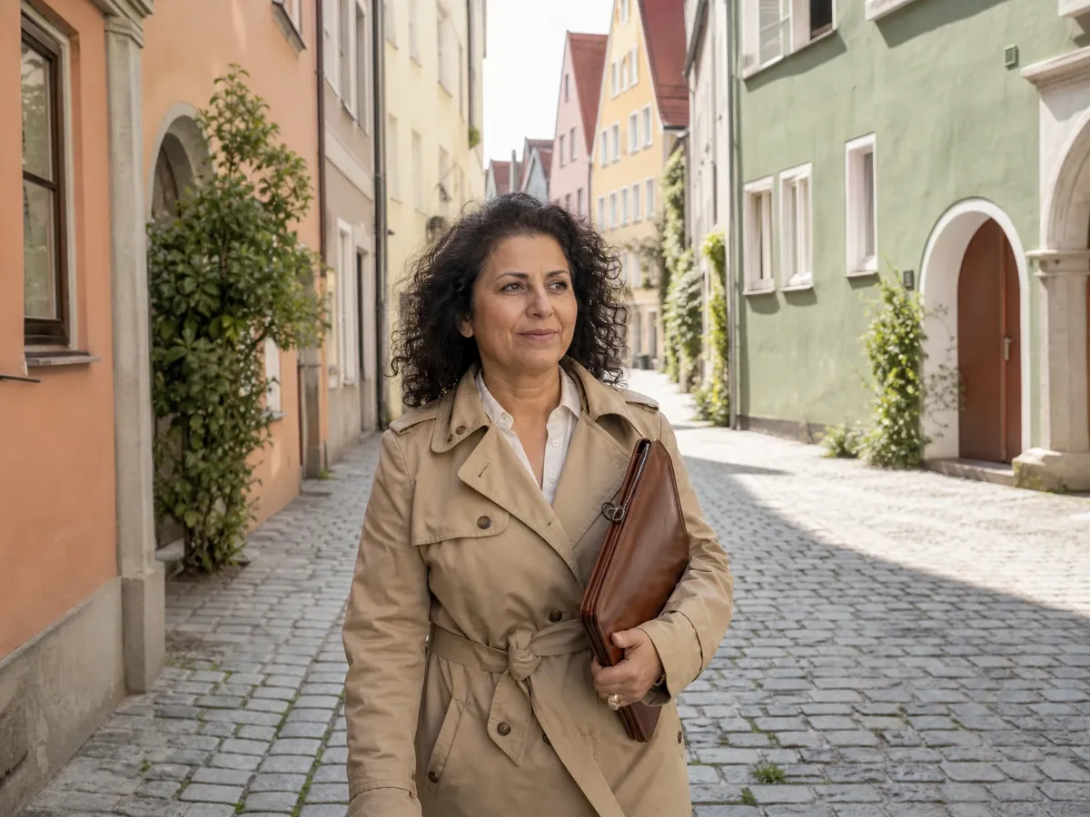 Frau geht durch die Augsburger Altstadt zu einer Anlaufstelle für Gründer