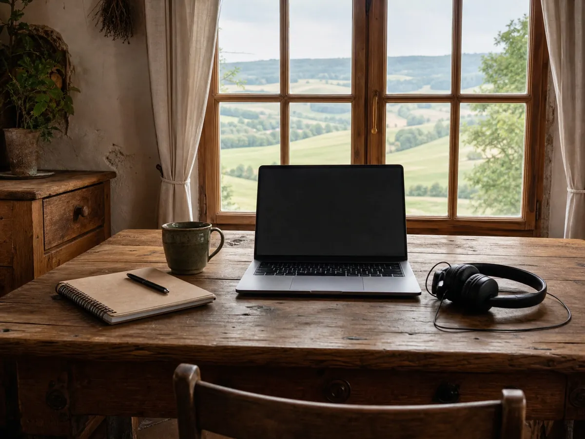 Laptop mit Headset in einer Bauernstube, bereit für das Online-Gründercoaching in Niederbayern