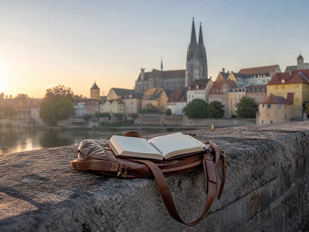 Notizbuch auf der Steinernen Brücke vor der Regensburger Altstadt, Sinnbild für Anlaufstellen für Gründer