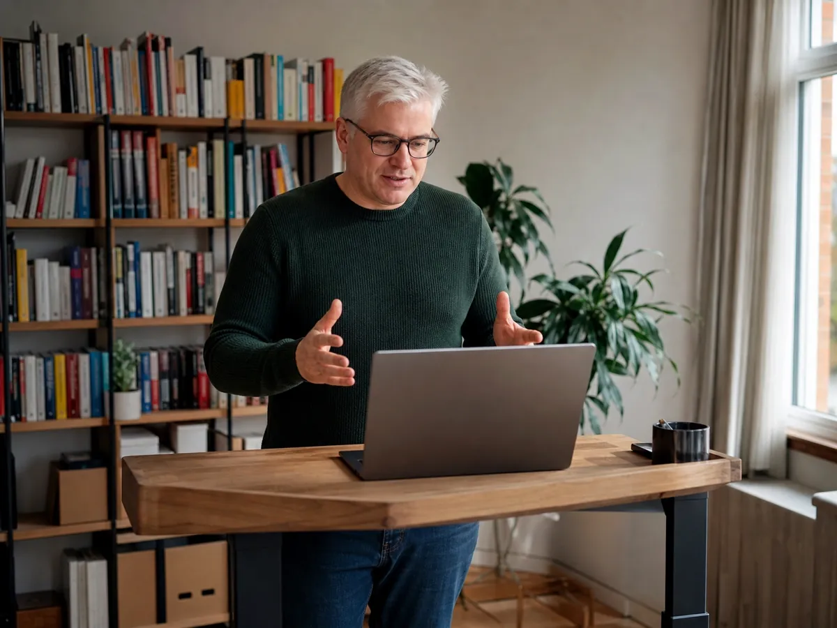 Mann bespricht am Stehpult per Videocall seine Kalkulation im Online-Gründercoaching für Regensburg