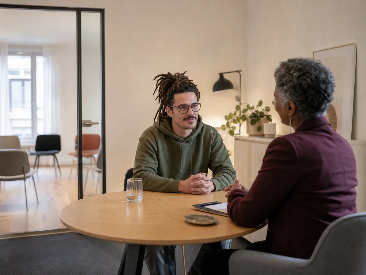 Mann im Einzelcoaching über das Jobcenter, im Hintergrund ein leerer Gruppenraum
