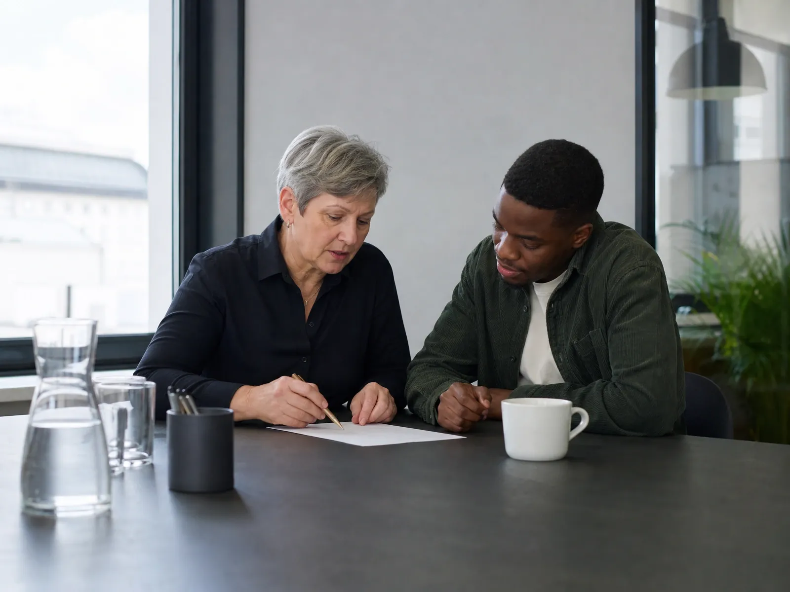 AVGS und Gründungszuschuss: Coach und Gründer gehen am Tisch eine Checkliste durch