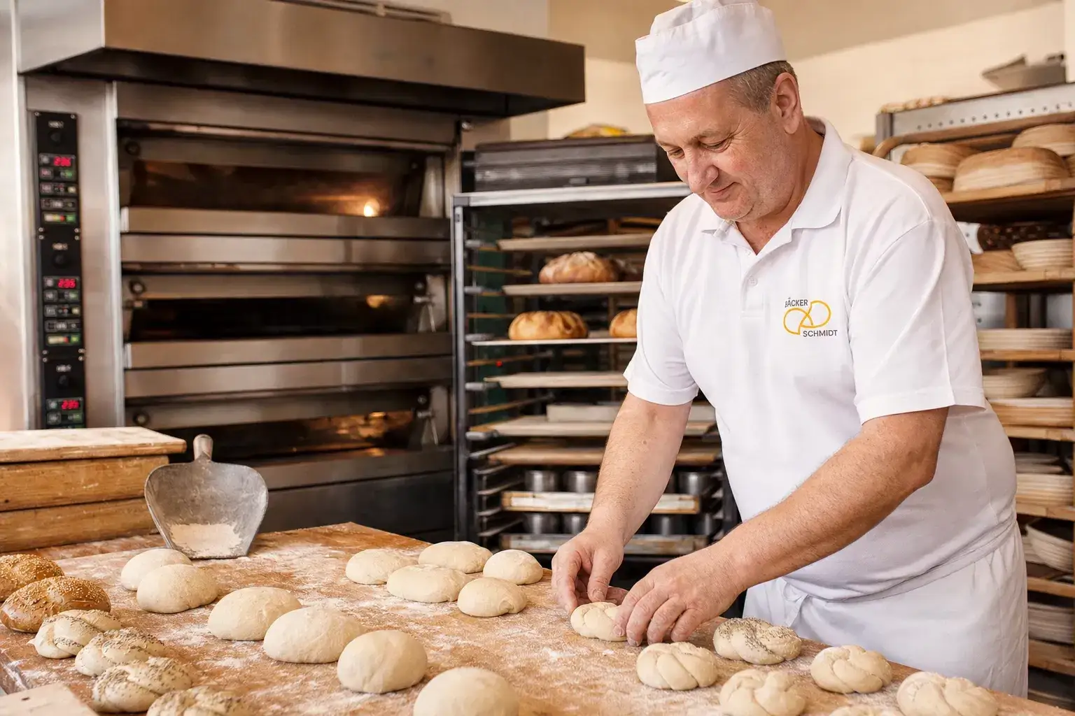 Bäcker formt in seiner Backstube Brötchen, im Hintergrund ein Etagenbackofen und Regale mit Brot