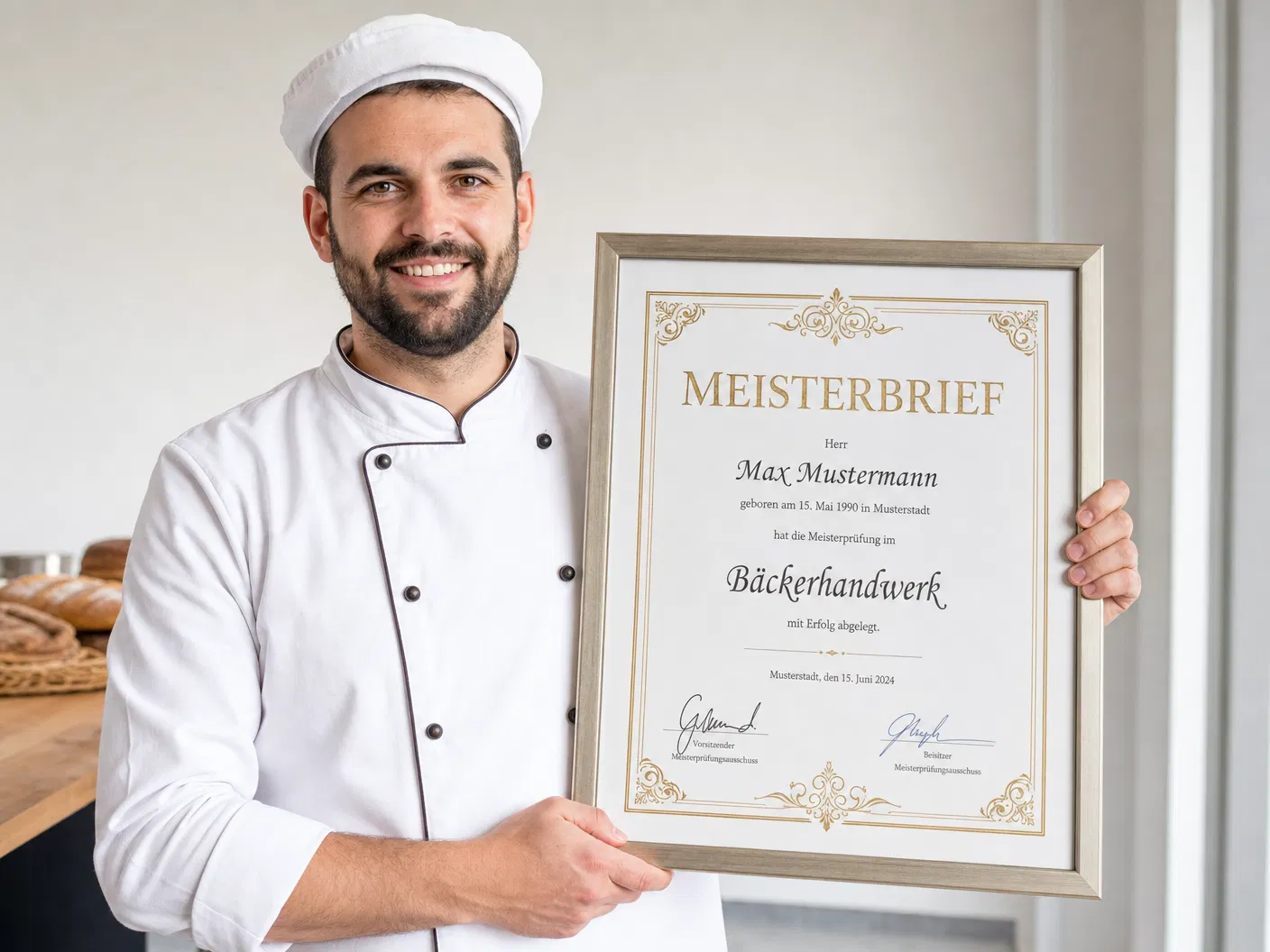 Lächelnder Bäcker mit weißer Mütze und Bäckerjacke hält in seiner Backstube einen gerahmten Meisterbrief im Bäckerhandwerk