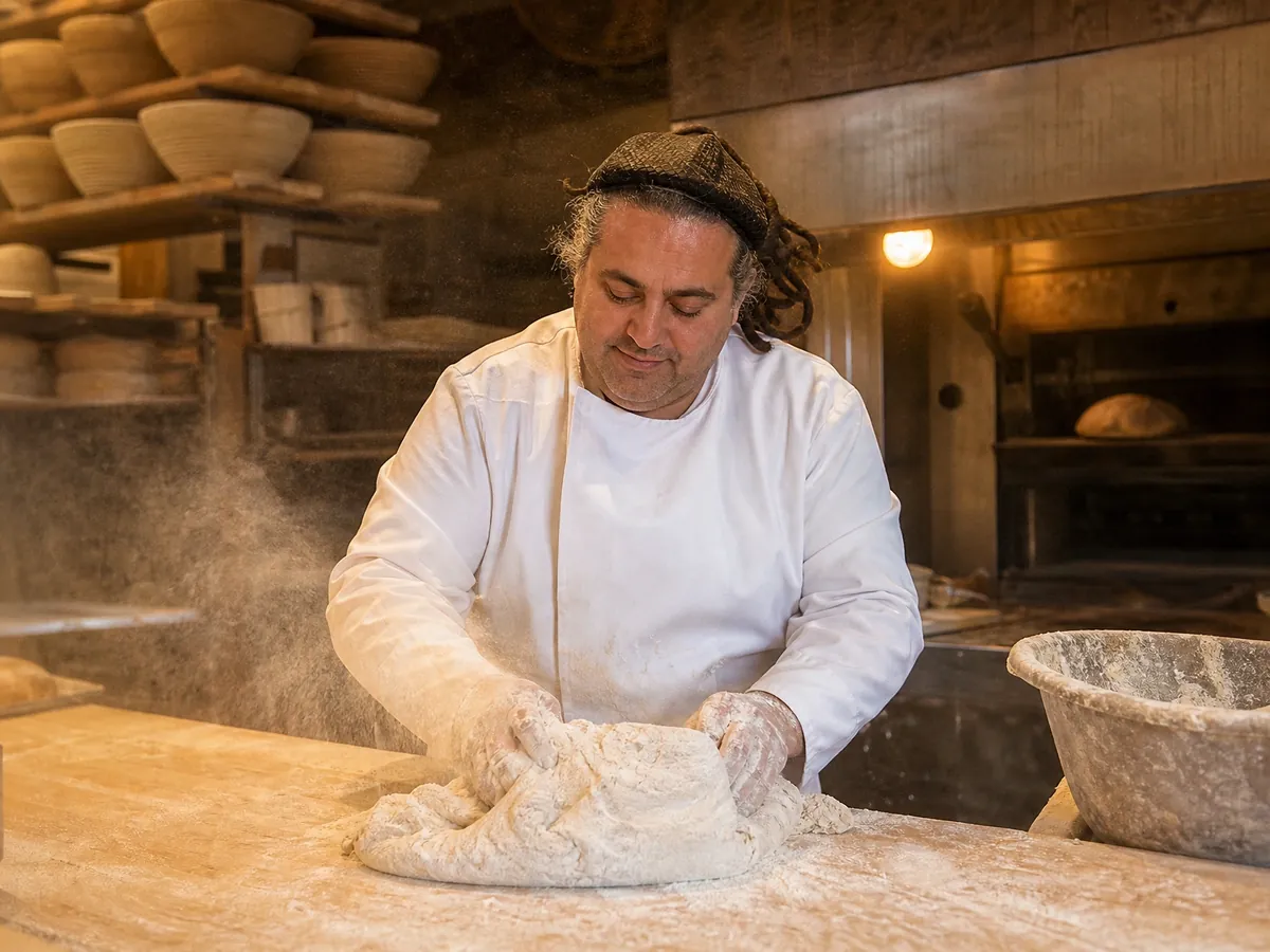 Bäckermeister wirkt Sauerteig in seiner Backstube, für die eigene Herstellung braucht es den Meister