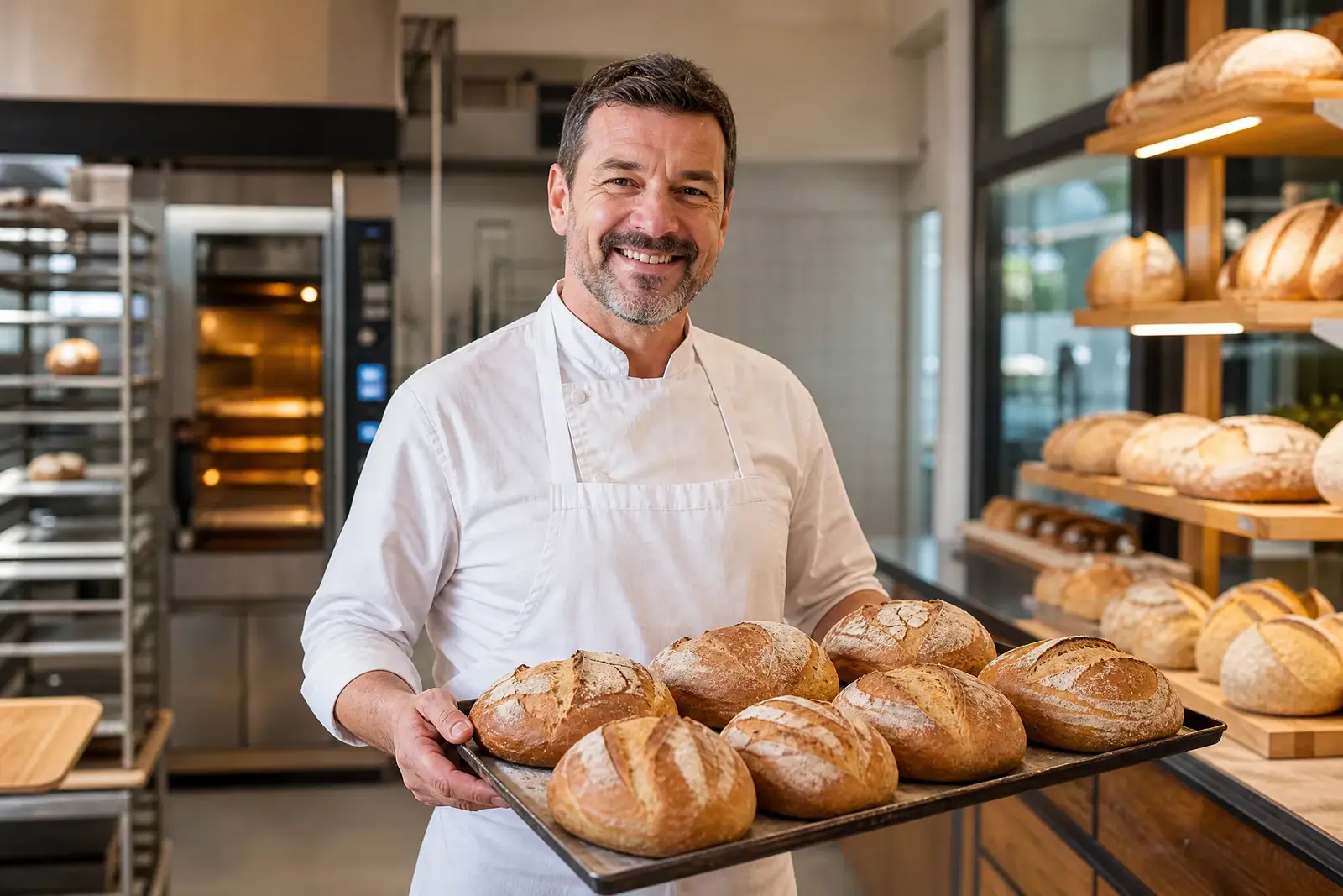 Lächelnder Bäcker hält ein Blech mit frischen Broten in seiner Bäckerei, hinten Ofen und Brotregale