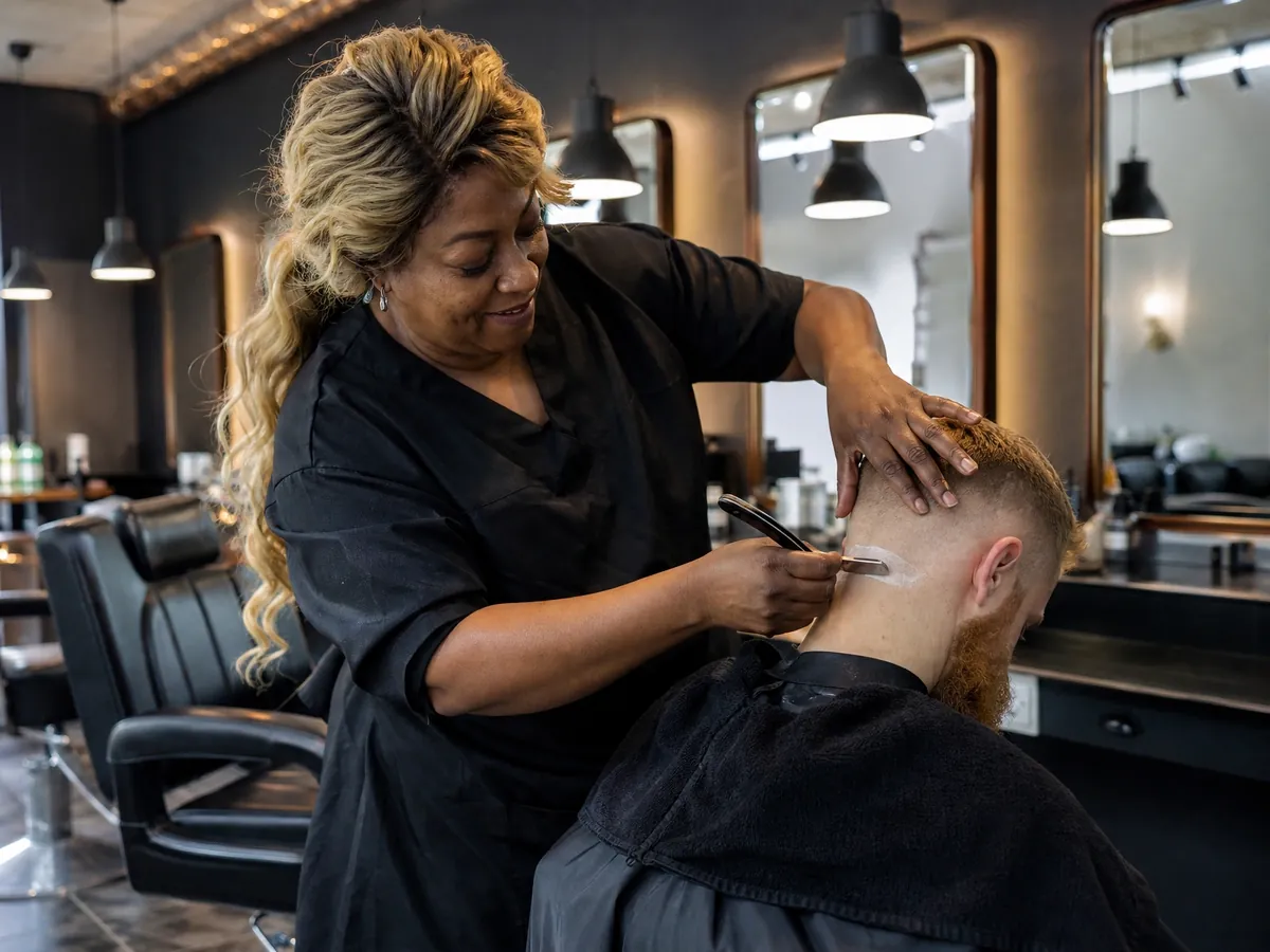 Friseurmeisterin rasiert einen Kunden im eigenen Barbershop, der zum Friseurhandwerk mit Meisterpflicht zählt