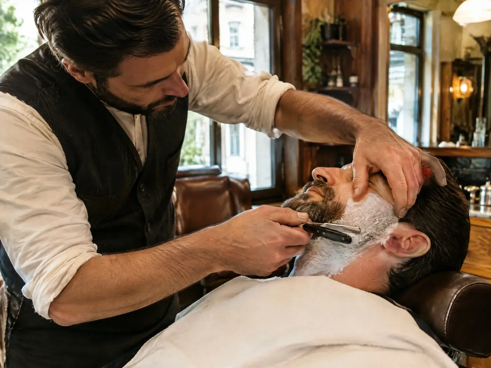 Barbershop eröffnen: Barbier rasiert einem Kunden mit dem Rasiermesser den Bart